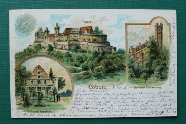 AK Coburg / 1902 / Litho Lithographie / Sonnenkarte / Veste / Schloss Rosenau / Schloss Callenberg / Architektur
